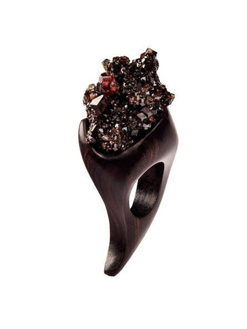 Ruda Hand Sculpted Wood Ring - Dark Brown & Red Gem